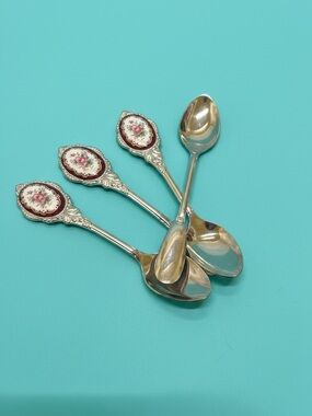 Vintage Porcelain Cameo Inlaid Stainless Japan Spoons - Lot of 4